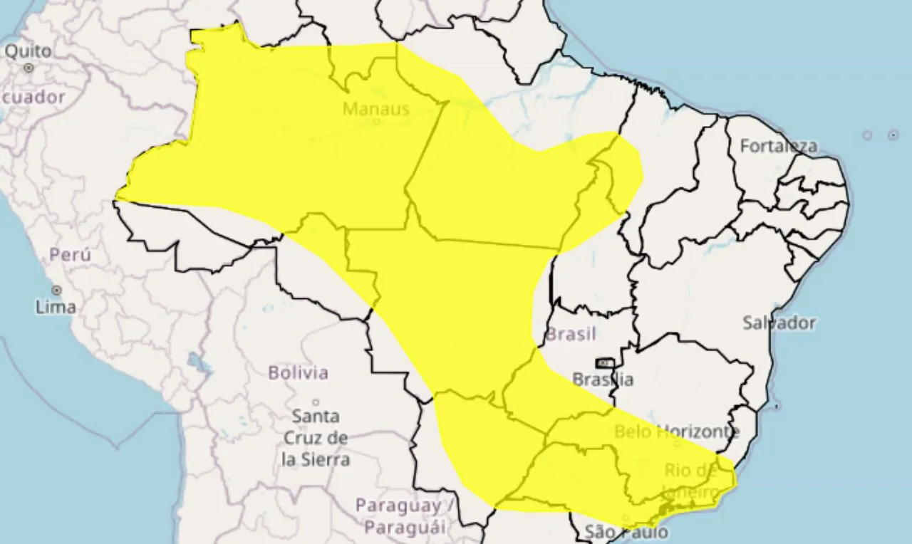 O mapa mostra as áreas em alerta para chuva intensa e ventania